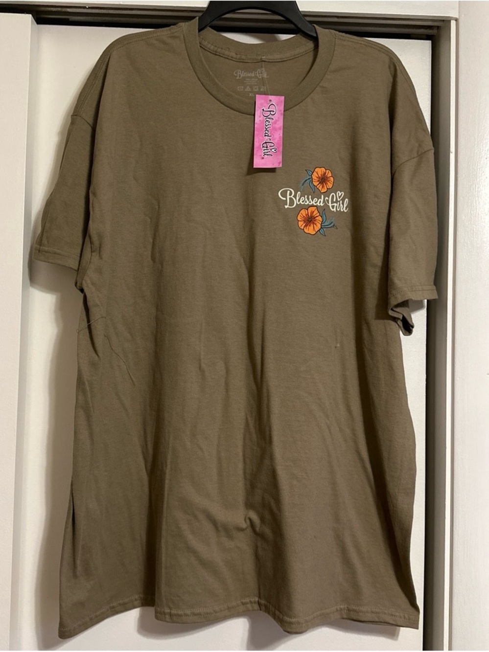 Blessed Girl Olive Green Short Sleeve Tee with Floral Logo